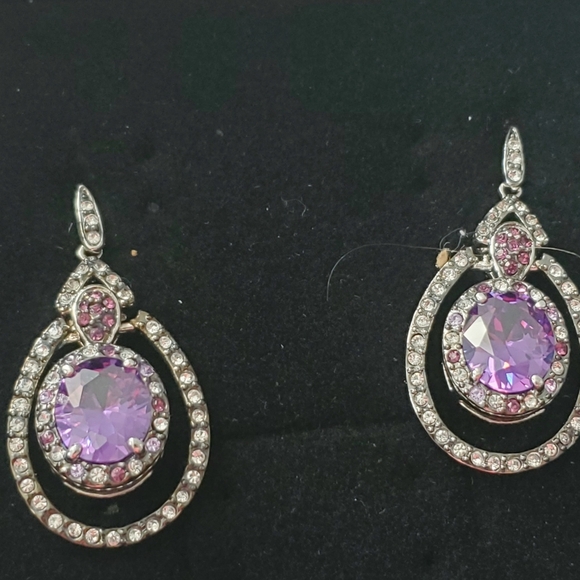 Simulated Amethyst Dangle Earrings Silver Plated - Picture 2 of 3